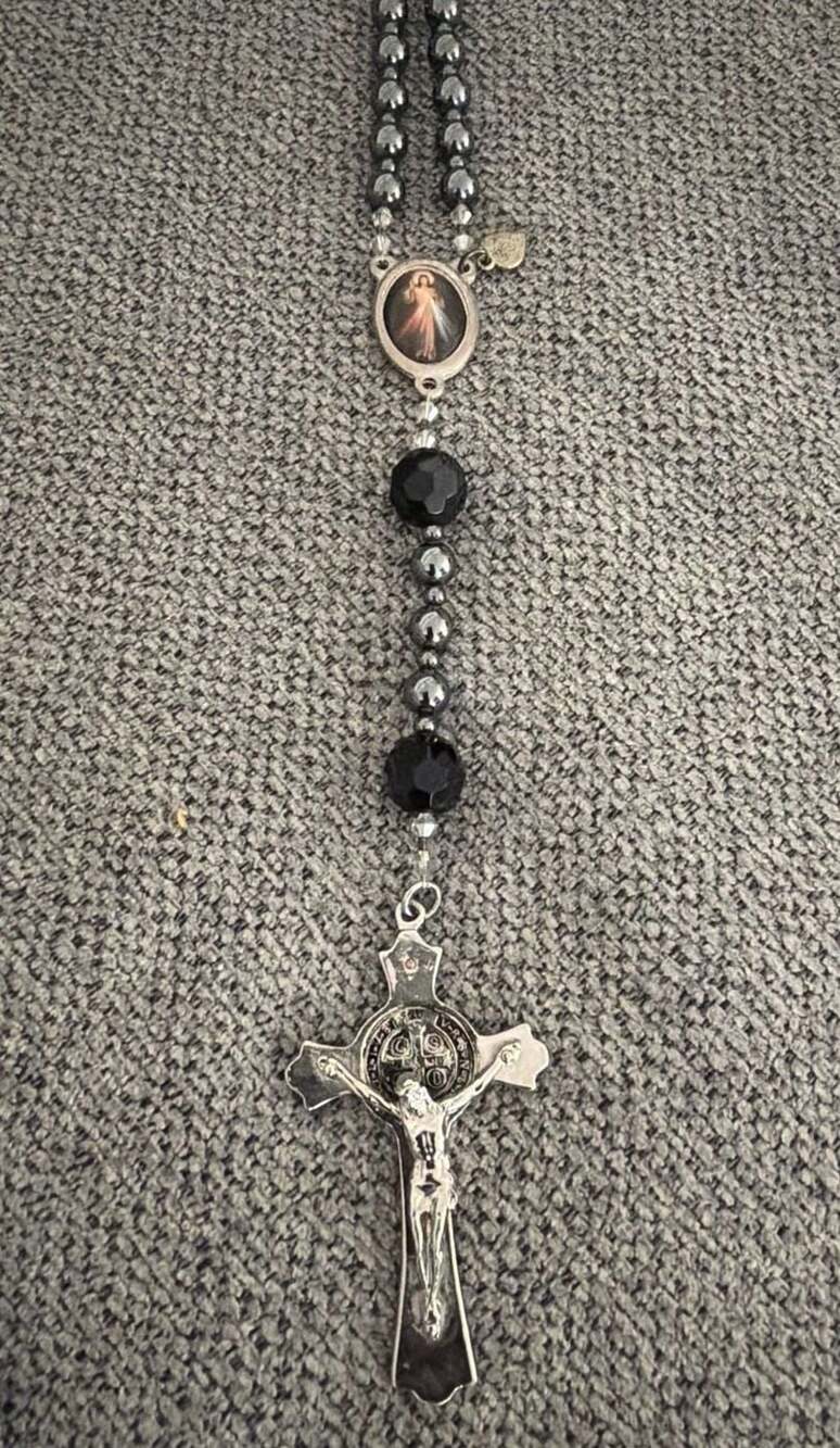 Handmade Hematite Rosary– Divine Mercy Centerpiece – St. Benedict Crucifix Heavy